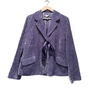 J.Jill Purple Velvet Embroidered Floral Blazer Size Large Rayon Boho Cottage